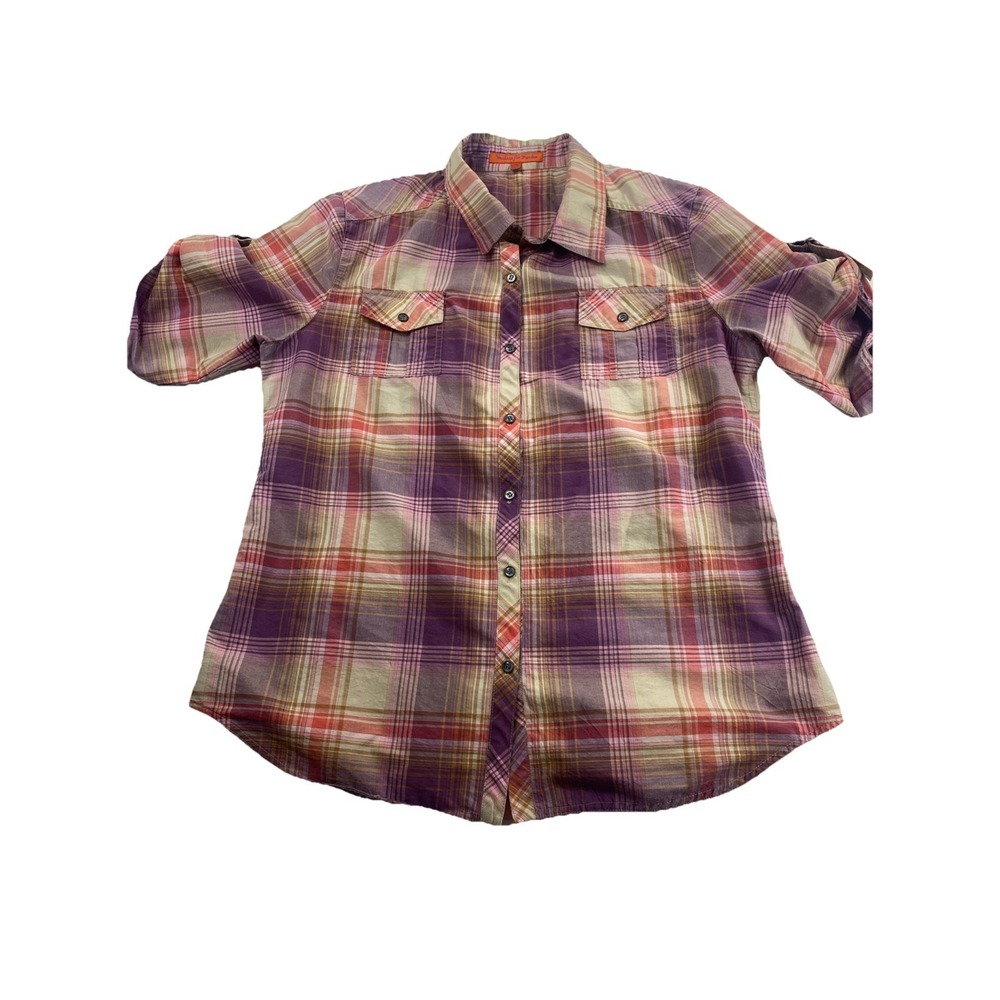 Workers for Freedom  Blouse Size 12 , Purple Multi Color Short Sleeve Vintage